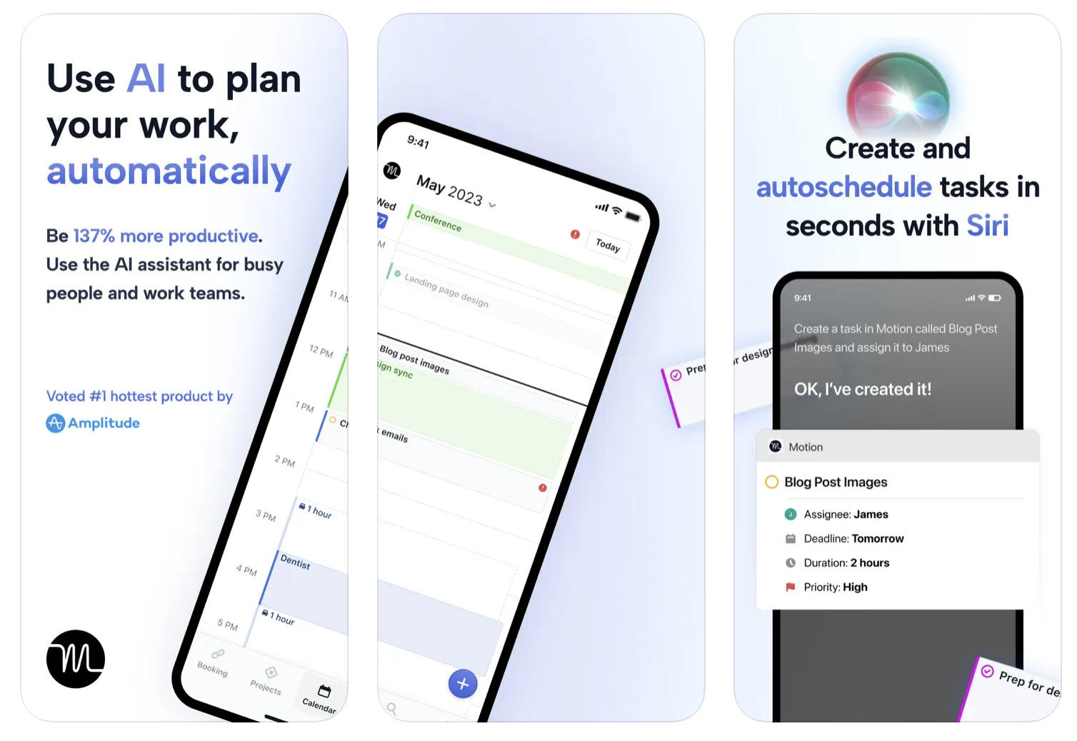 a collage of planner features of Motion AI mobile app