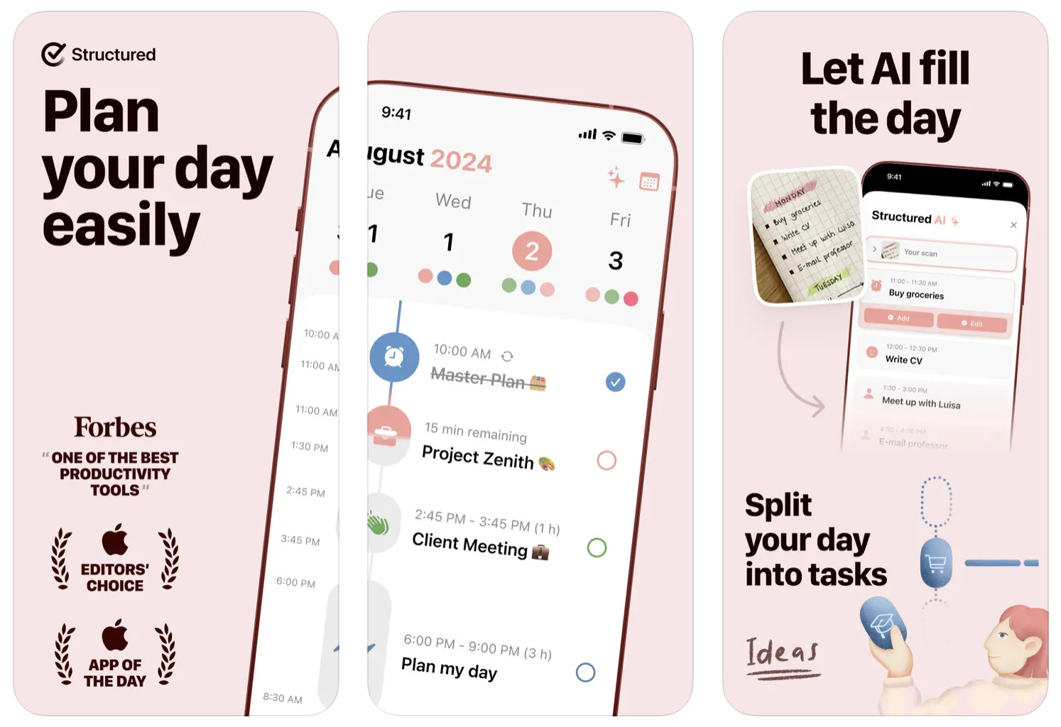 A collage of features of a Structured task management app