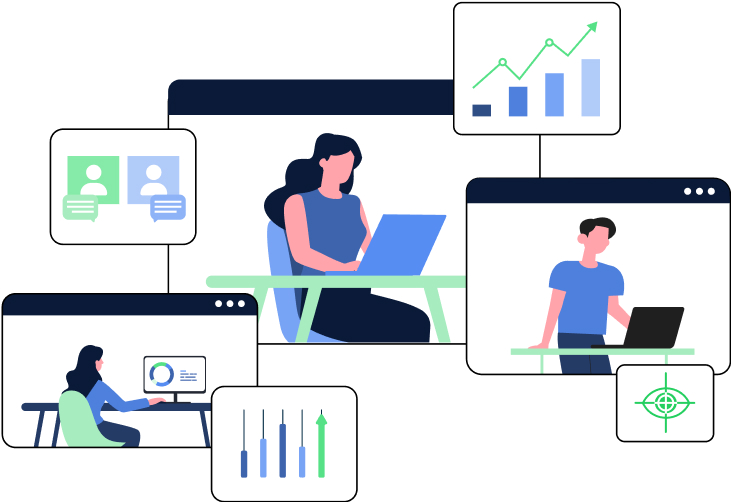 a collage of vectors of people and charts presenting their productivity results